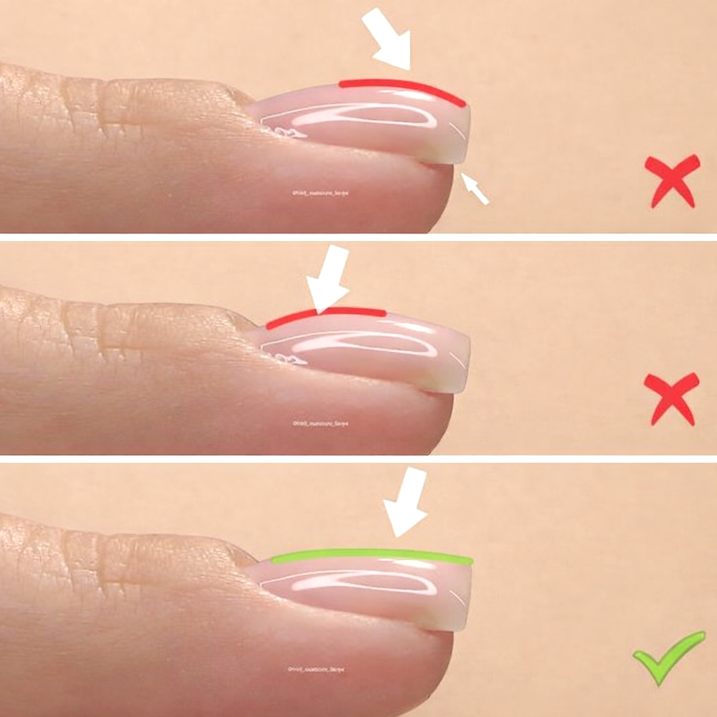 Guide showing proper nail edge filing technique with red and green lines indicating correct and incorrect methods, and arrows pointing to different nail shapes.
