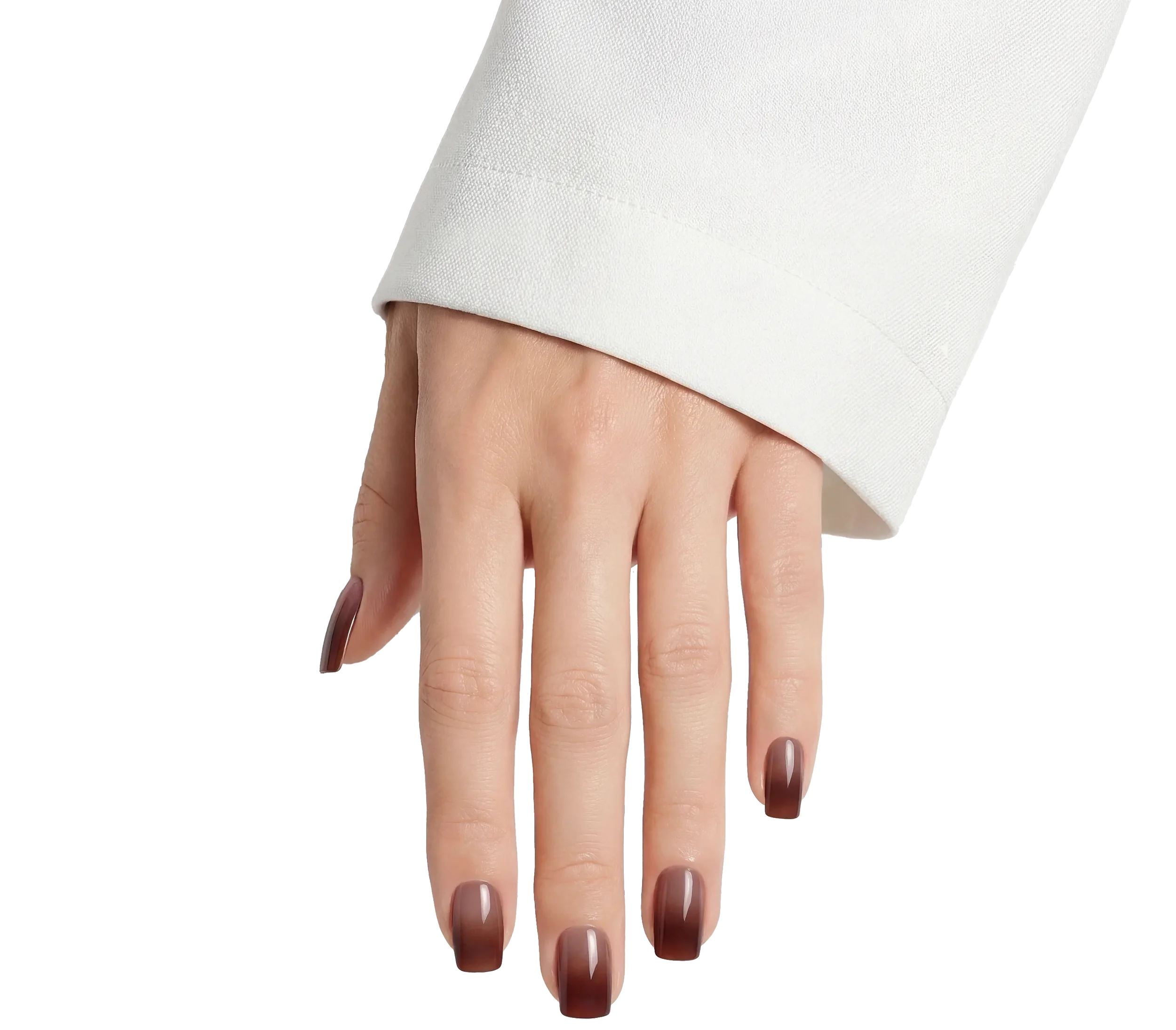 Close-up of a woman's hand with nails painted in a brown, glossy polish, partially covered by a white long-sleeve shirt.