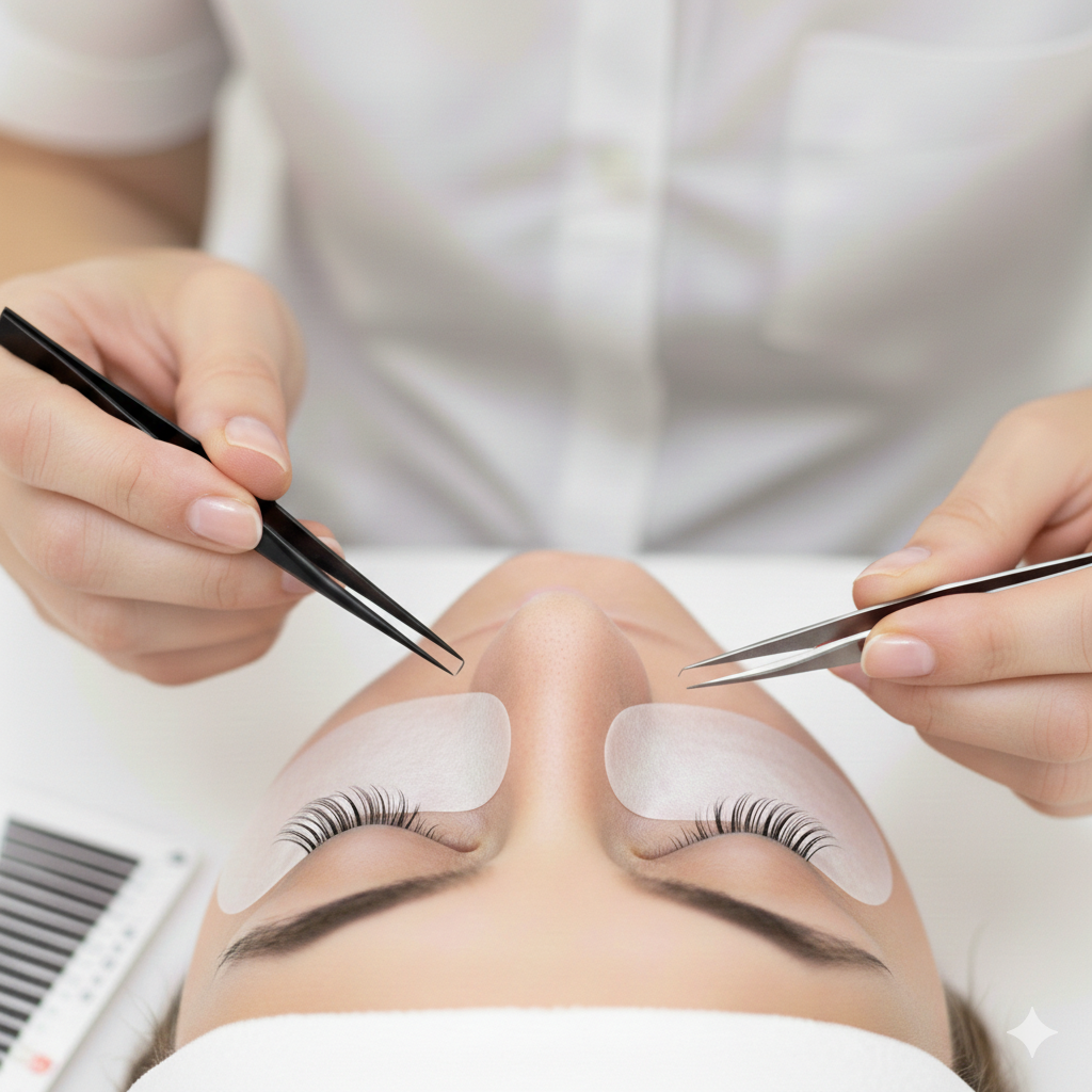 A person receiving eyelash extensions or eyelash care at a beauty spa, with eyes closed and protective pads under the eyes.