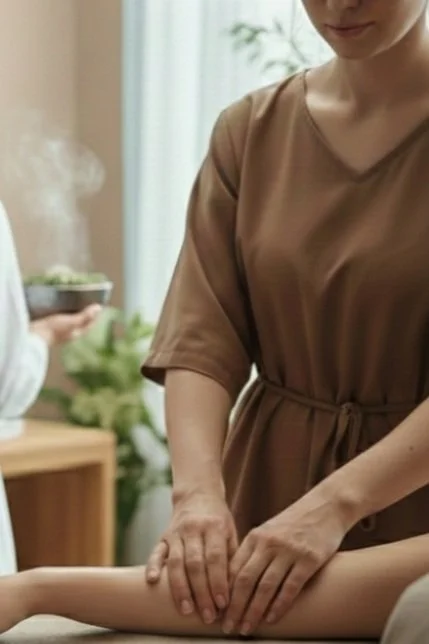 A person receiving a massage in a relaxing setting with another person in the background holding a bowl.