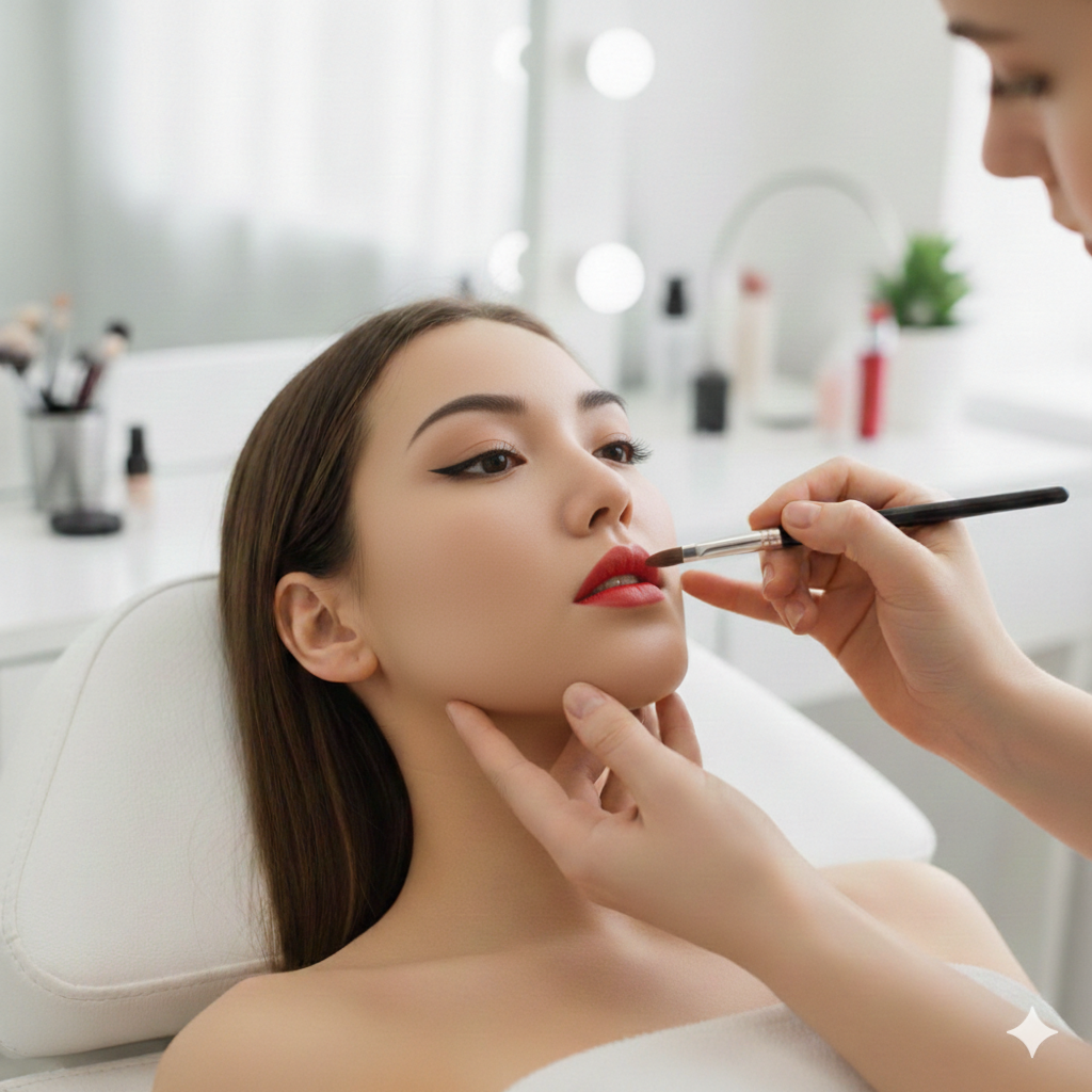 Beauty professional applying lipstick to a woman with makeup brushes and beauty products in the background.
