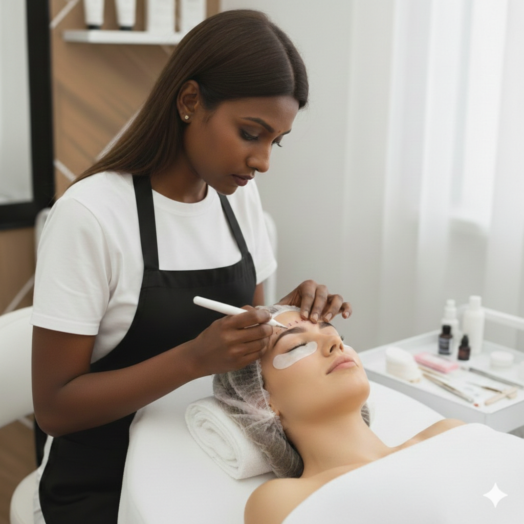 A woman lying on a spa bed with a towel wrapped around her head, getting a eyebrows treatment from an esthetician who is using a pen-like tool on her forehead, in a professional skincare clinic.
