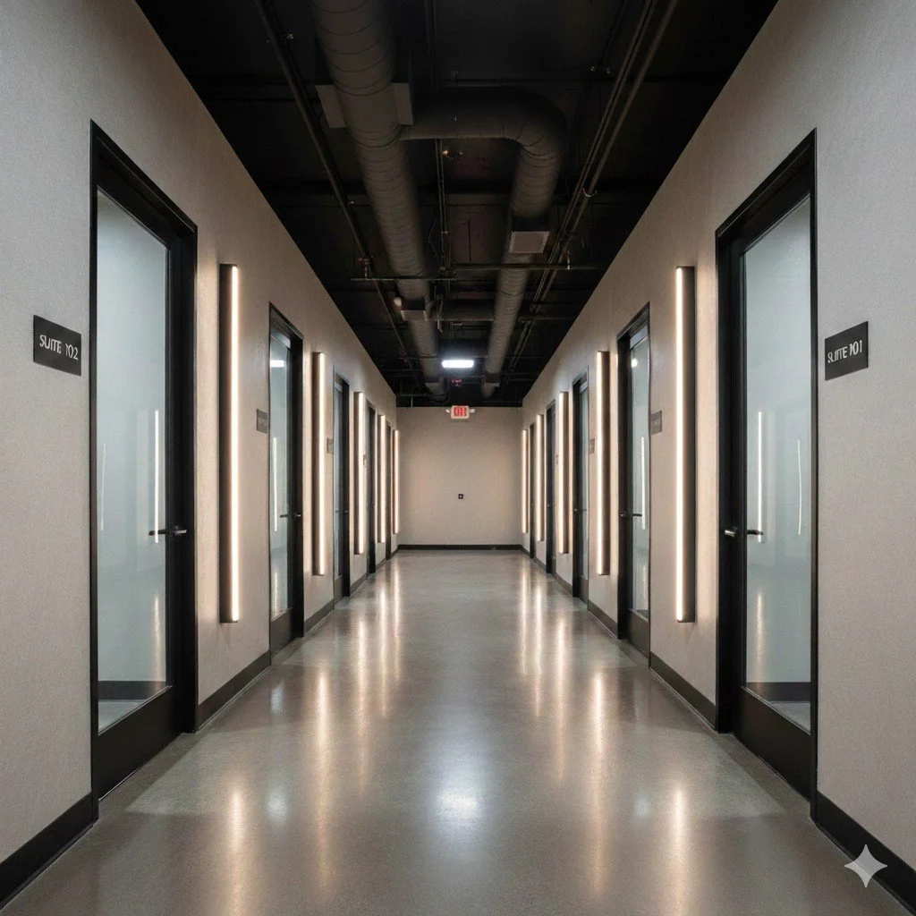 Modern hallway with glass doors, black frames, and vertical light fixtures on beige walls, leading to a white door at the end.