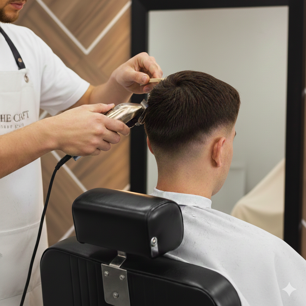 Barber trims man's hair with clippers in a salon