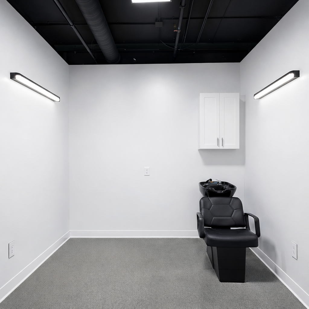 An empty hair salon wash station with a black salon chair and a black sink in a white-walled room with gray carpet flooring, illuminated by two long wall-mounted lights.