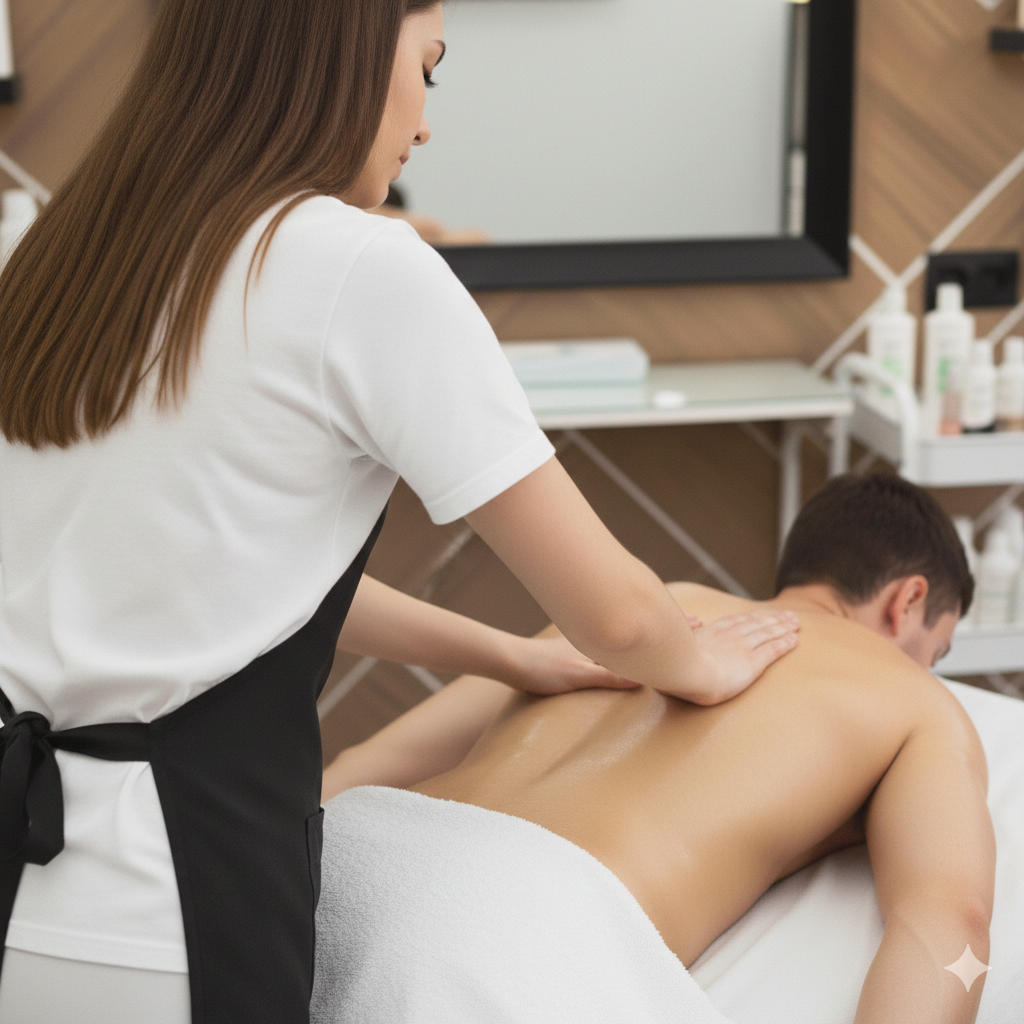 A woman giving a massage to a man lying face down on a massage table in a spa or massage room.