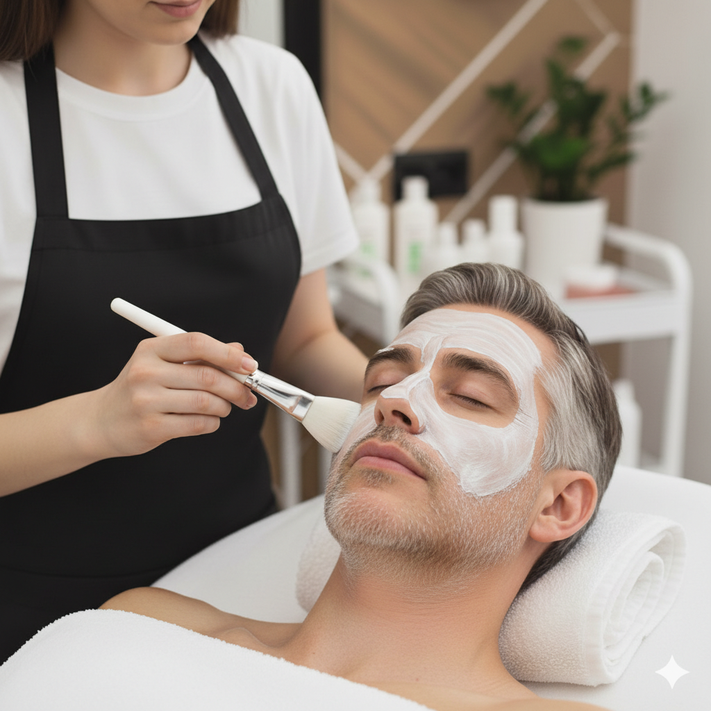 A man lies with his eyes closed while a woman applies a white facial mask with a brush in a spa or skincare clinic.