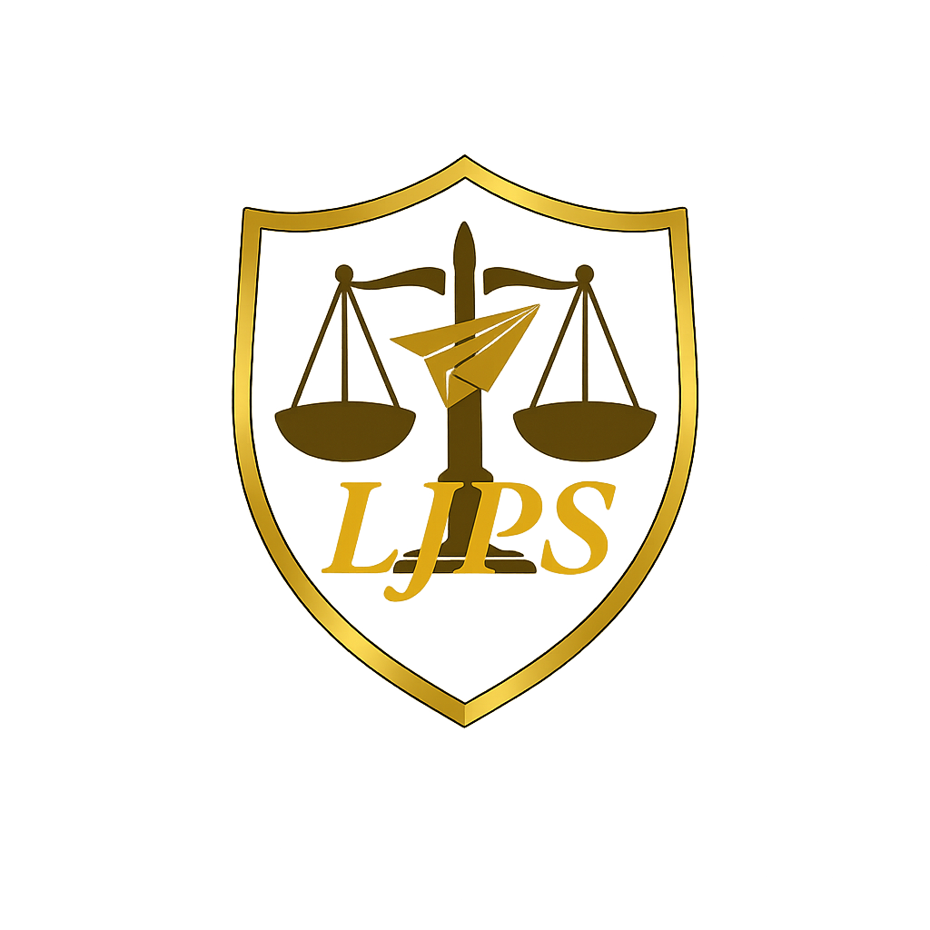 A gold-colored badge with scales of justice, a knife, and a paper airplane, with letters 'LJS' beneath.