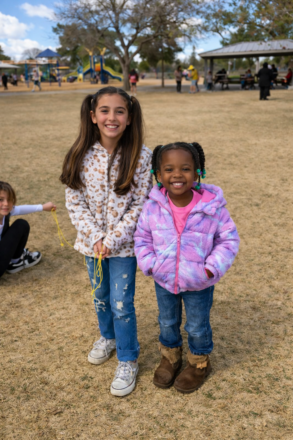Two young girls smiling and standing outside in a park with other children and people in the background. One girl has long brown hair, is wearing a leopard print jacket, ripped jeans, and white sneakers. The other girl has braided hair with colorful 