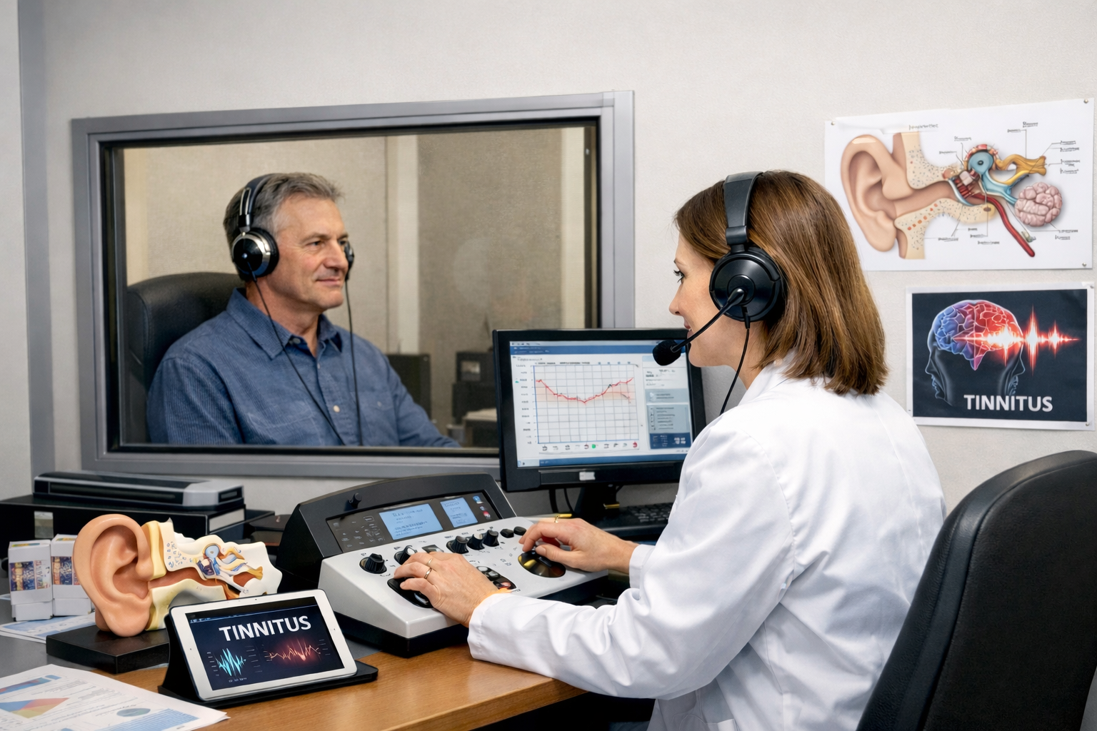 Doctor conducting hearing tests for a patient using diagnostic equipment, with anatomical ear models and tinnitus information. Both wear headsets.