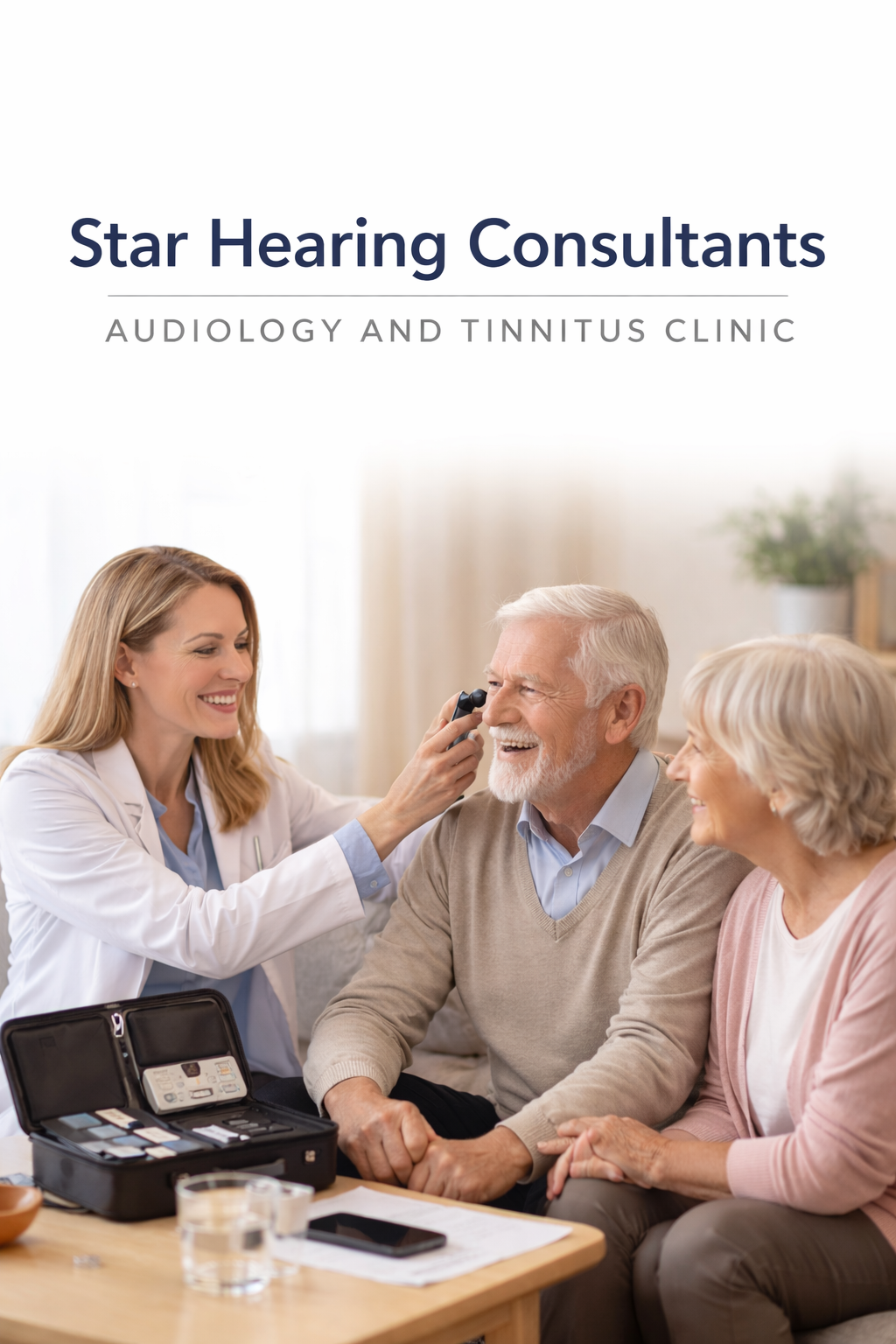 A female audiologist examines the ear of an elderly man with a handheld otoscope, while an elderly woman sits next to him smiling, in a clinic setting.