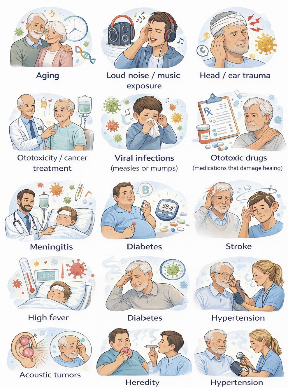 A collage of illustrations depicting health issues and factors affecting older adults, including aging, loud noise exposure, head trauma, cancer treatment, viral infections, medication side effects, meningitis, diabetes, stroke, high fever, hereditary conditions, acoustic tumors, and hypertension.