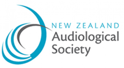 Logo of the New Zealand Audiological Society featuring a stylized blue and black wave design with the organization's name.