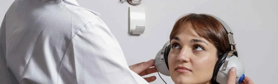 A young woman wearing large headphones during a hearing test, with a healthcare professional adjusting the headphones.