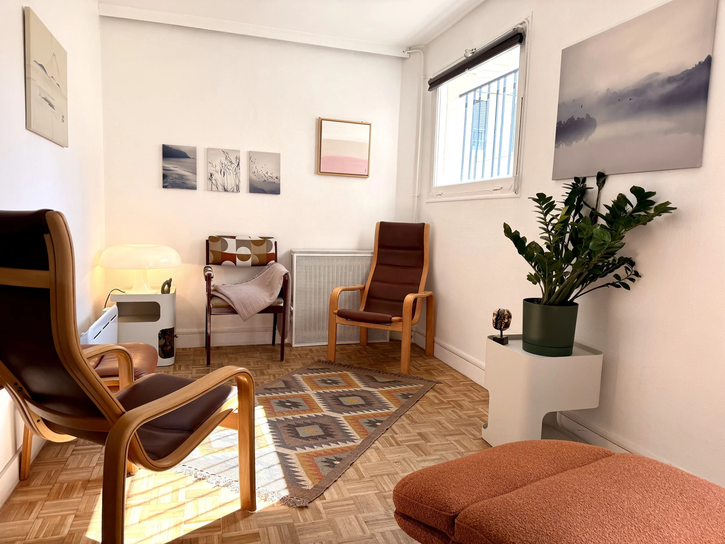 Psychanalyste Bordeaux salon avec fauteuils en bois, un tapis coloré, une plante verte en pot, tableaux muraux abstraits, et une fenêtre.