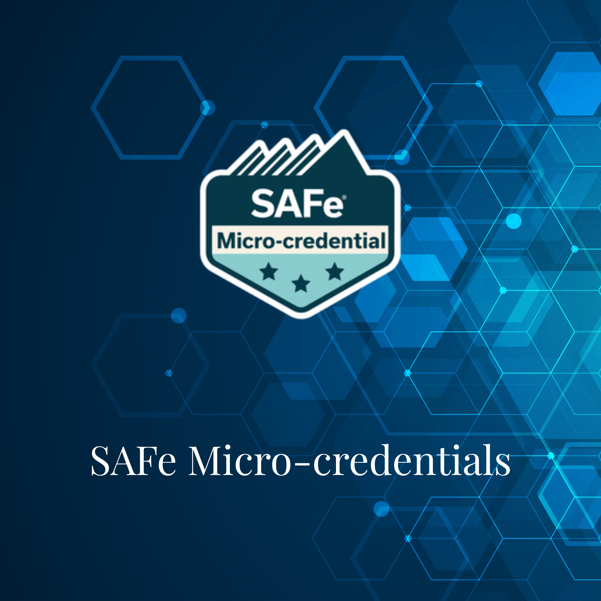 Digital graphic with a dark blue background and interconnected hexagons and dots. In the center, a badge with the text "SAFE Micro-credential" and "Save Micro-credentials" beneath it.