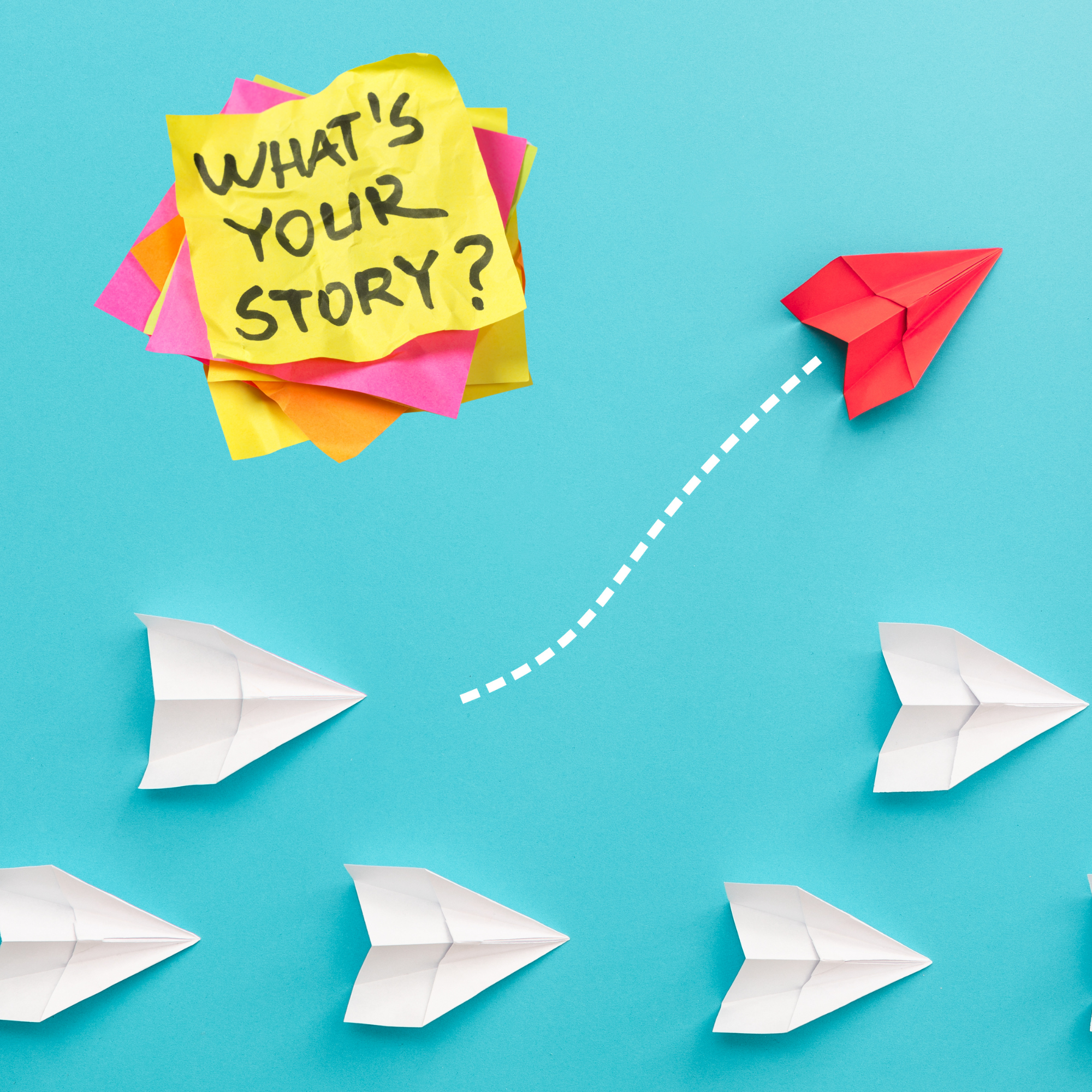 Colorful paper airplanes and a note that says 'What's your story?' on a bright blue background.