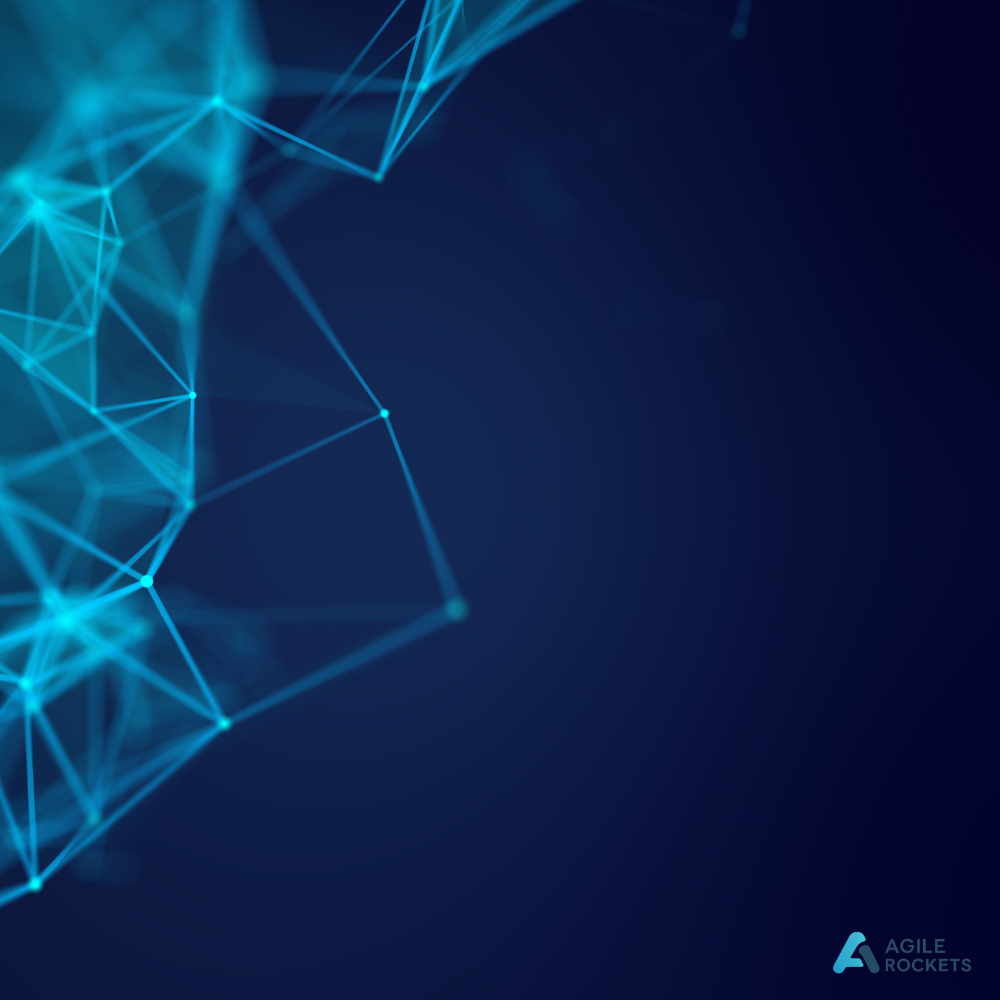 A digital blue background with interconnected lines and dots in a web-like pattern, featuring the Agile Rockets logo in the bottom right corner.
