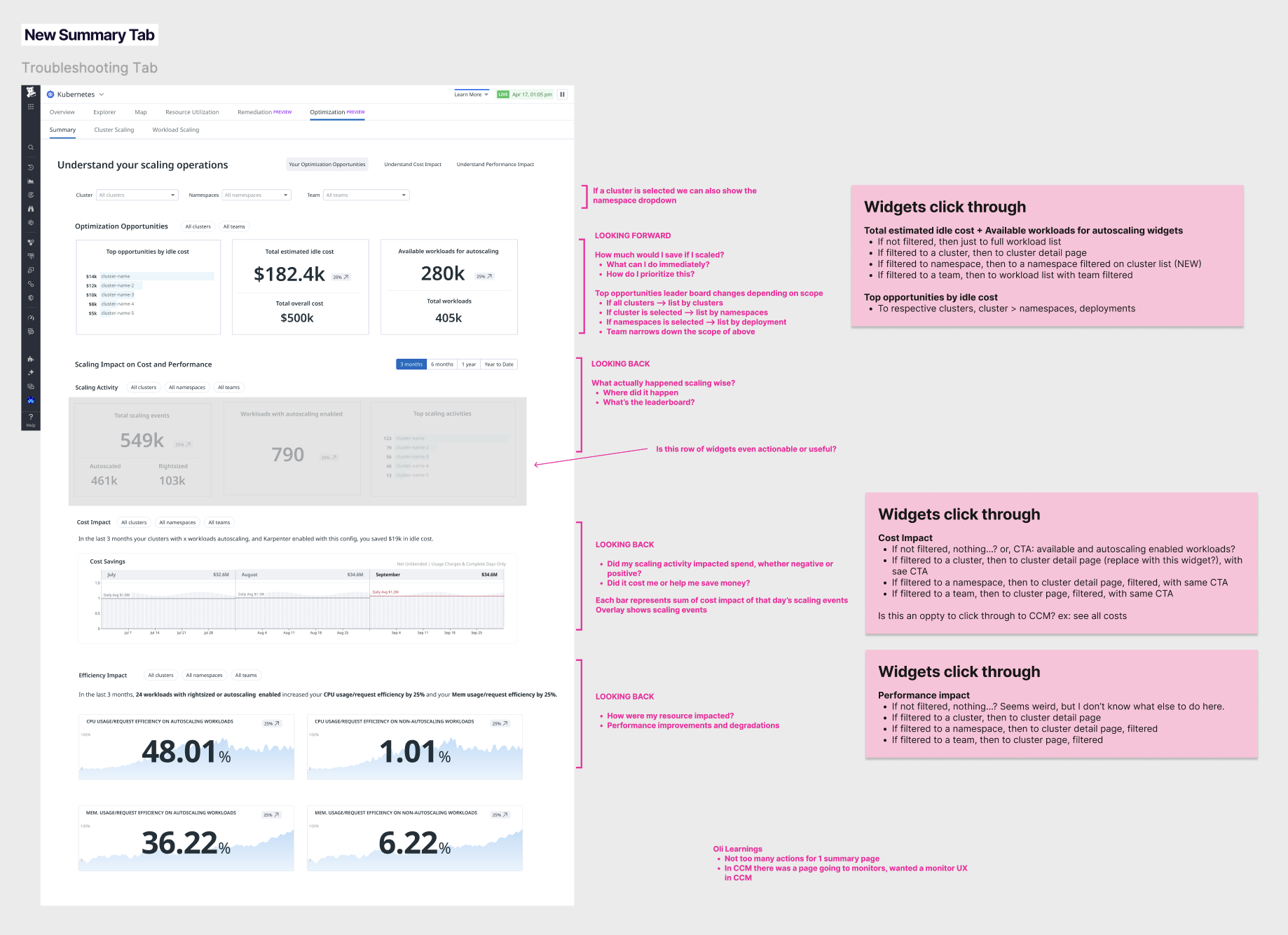 Summary Page: Mid-fi designs exploring visualizations and paths