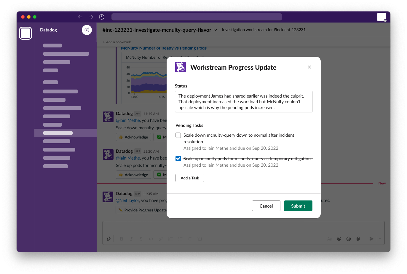 Exploring Slack-based incident progress updates that link straight back to the incident record