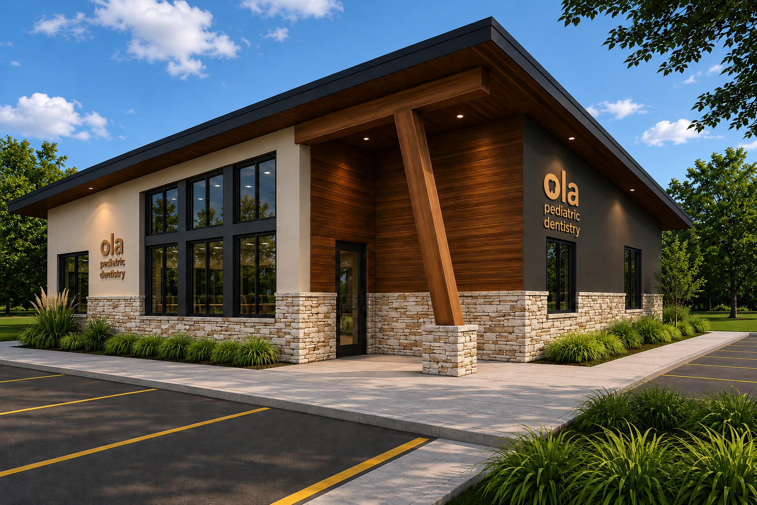 Modern pediatric dentistry office building with stone and wood exterior, large windows, and parking lot, surrounded by green landscaping.