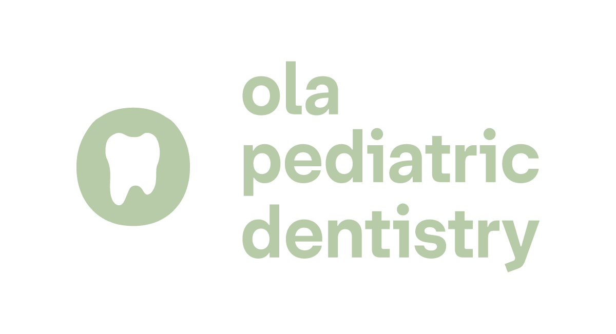 Logo with a tooth icon and text 'Ola Pediatric Dentistry' in light green on a black background.