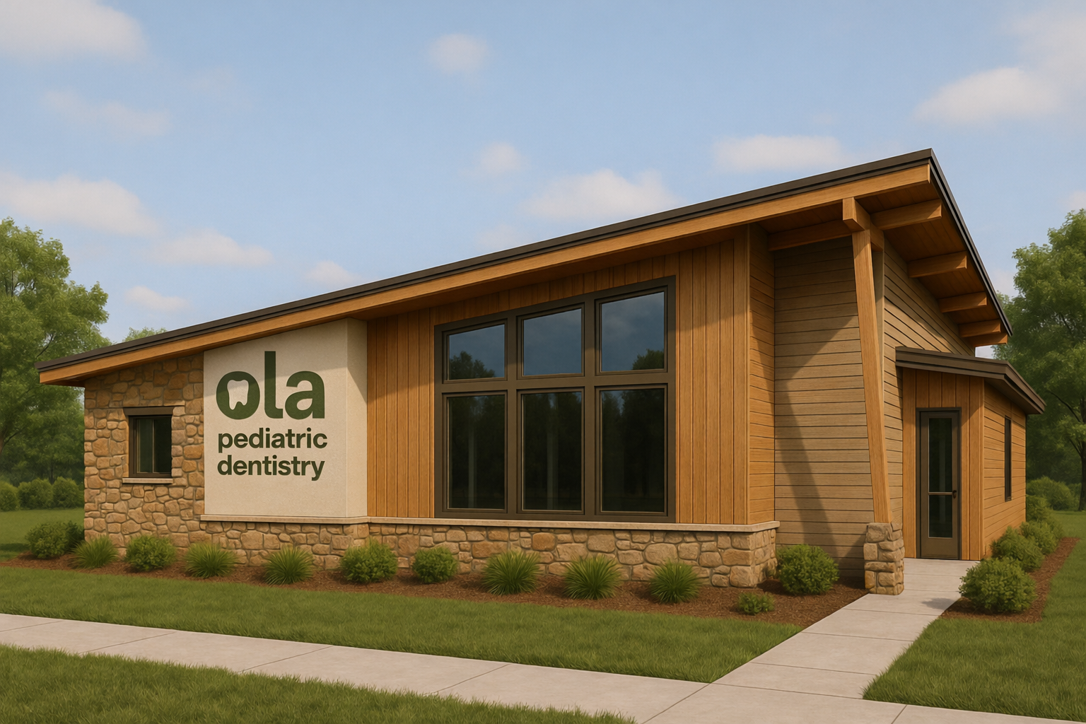 Modern pediatric dentistry building with wood and stone exterior, large windows, and green signage reading 'ola pediatric dentistry' on a sunny day.
