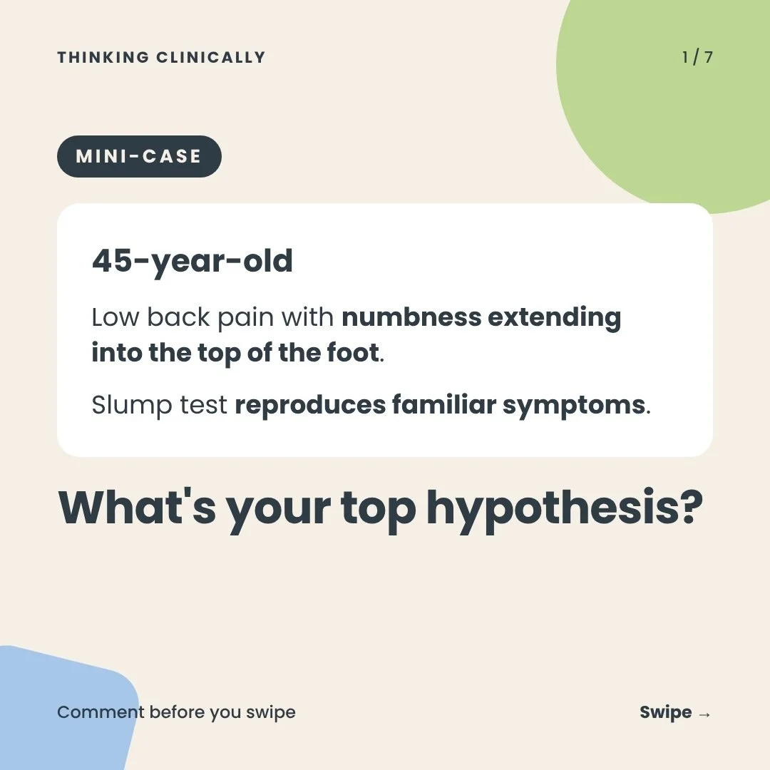 Mini-case: comment your answer before you swipe.

"Pain down the leg" isn't a diagnosis. The neuro exam is what tells you whether you're dealing with a nerve root.

This case is straight from Field Note 04 of Learning to Think Clinically, V