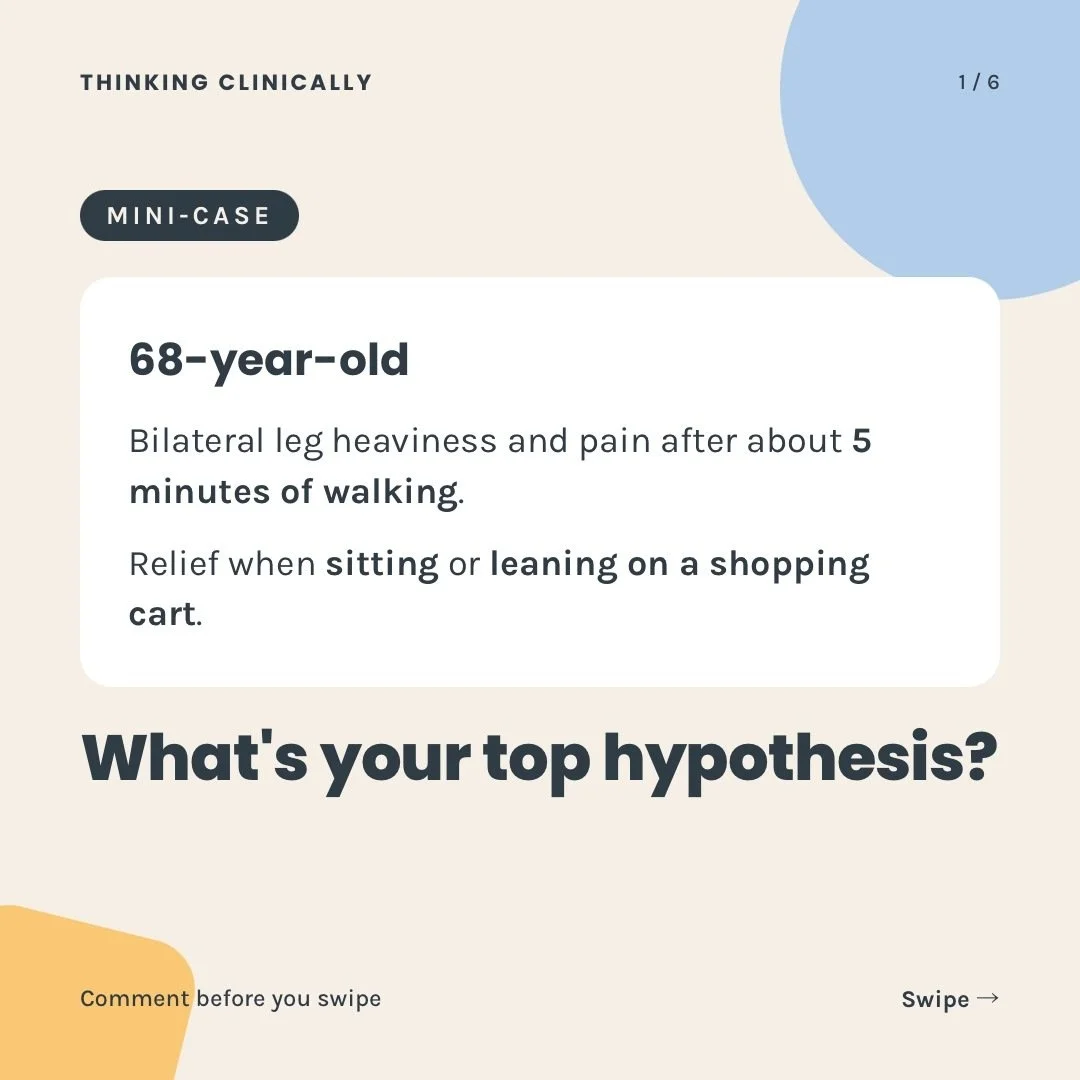 Mini-case time. Drop your top hypothesis in the comments before you swipe.

This is a classic presentation, but the differential is where students get tripped up. Swipe to see how to tell neurogenic from vascular claudication.

Save this for your ort