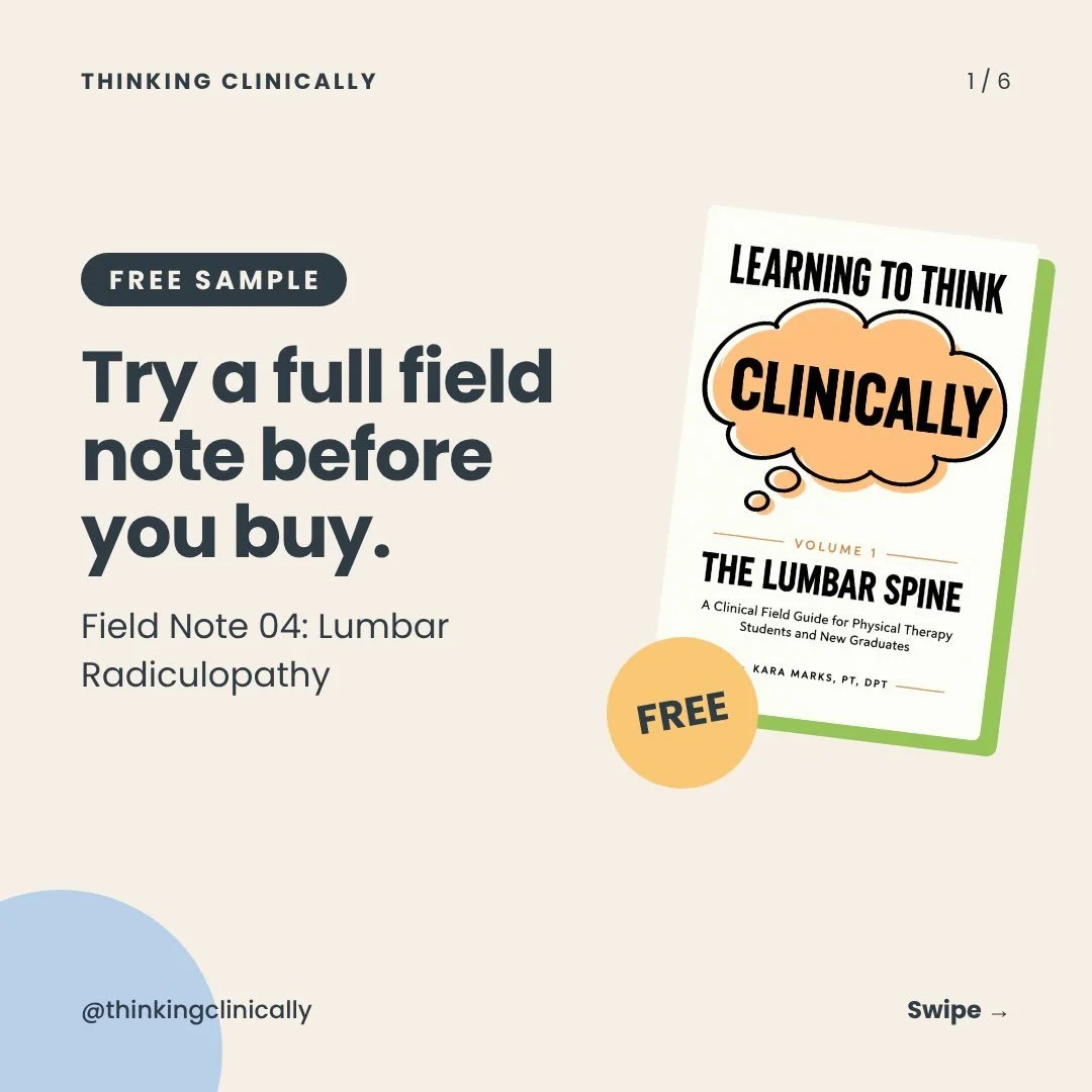 Want to see what&rsquo;s actually inside Learning to Think Clinically before you buy it?

I&rsquo;m giving away the complete Lumbar Radiculopathy field note for free, exactly as it appears in Volume 1. It&rsquo;s about 10 pages and walks you through 