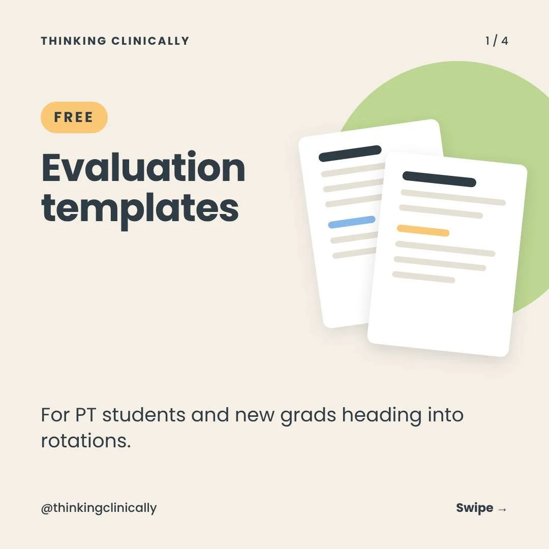 Free resource for students: my evaluation templates.

They follow the same structure I teach on rotation, so you're never staring at a blank page wondering what to ask next. 

Link in bio.

#physicaltherapystudent #dptstudent #ptstudent #clinicalrota