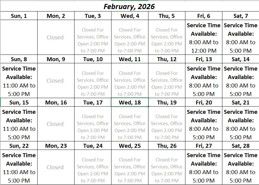 February 2026 schedule with office hours, closed days, and service times, including open hours from 8:00 AM to 12:00 PM and 8:00 AM to 5:00 PM on specific days.