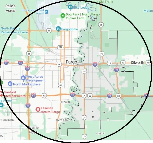 Map of Fargo, North Dakota, highlighting major roads, landmarks like Fargo Dome, and surrounding areas.