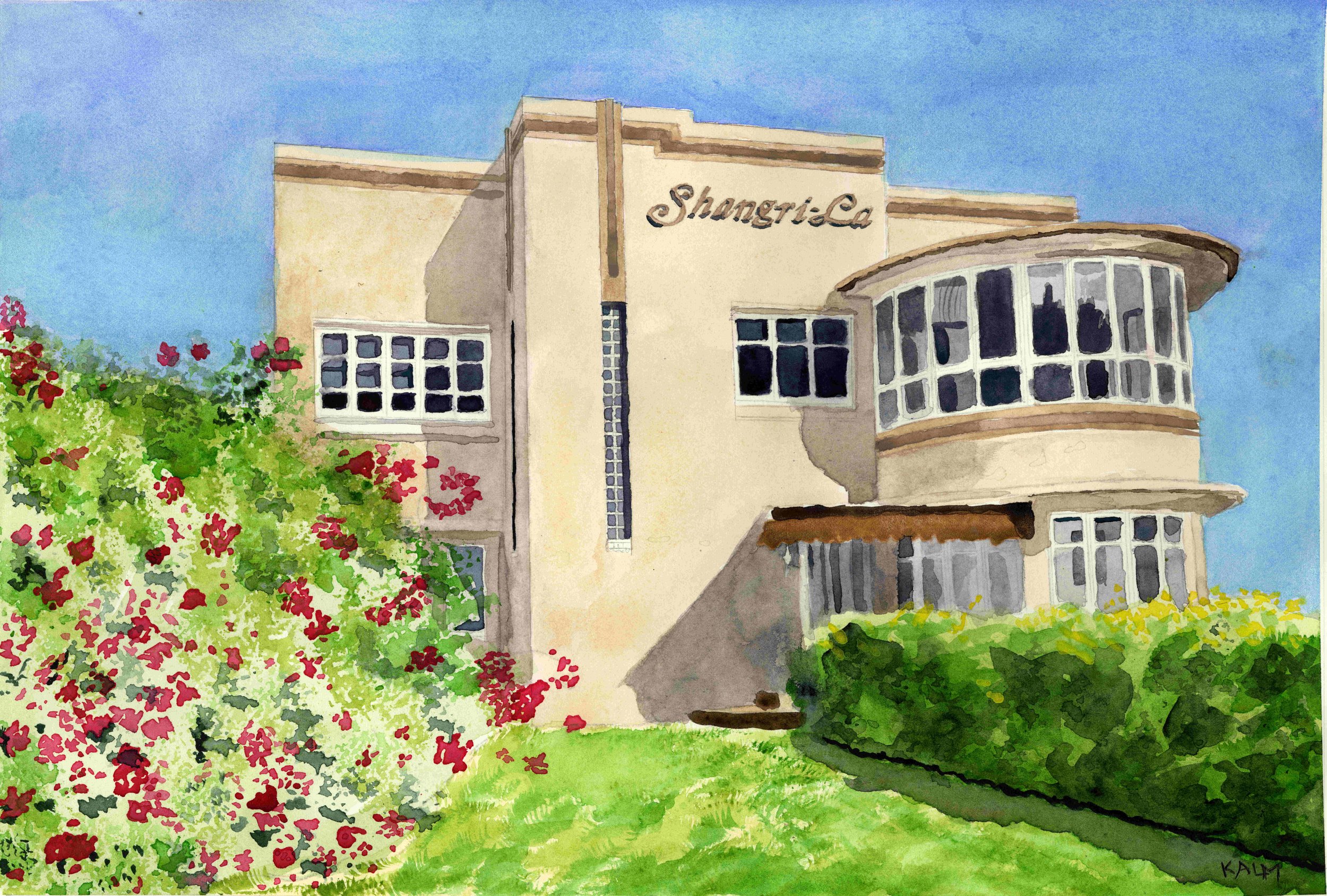 Watercolor painting of a beige art deco style building with the words 'Shangri-La' on it, surrounded by green bushes and a bright blue sky.