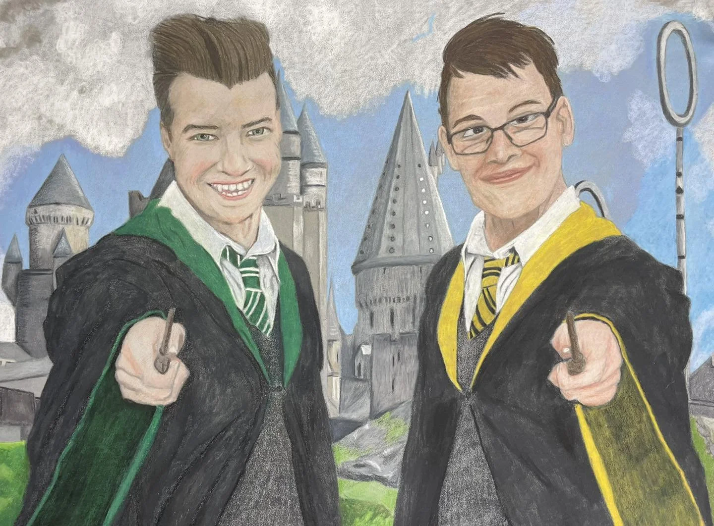 A painted portrait of two boys dressed as Harry Potter and Draco Malfoy from Harry Potter, pointing wands at the viewer. They are standing in front of Hogwarts castle.