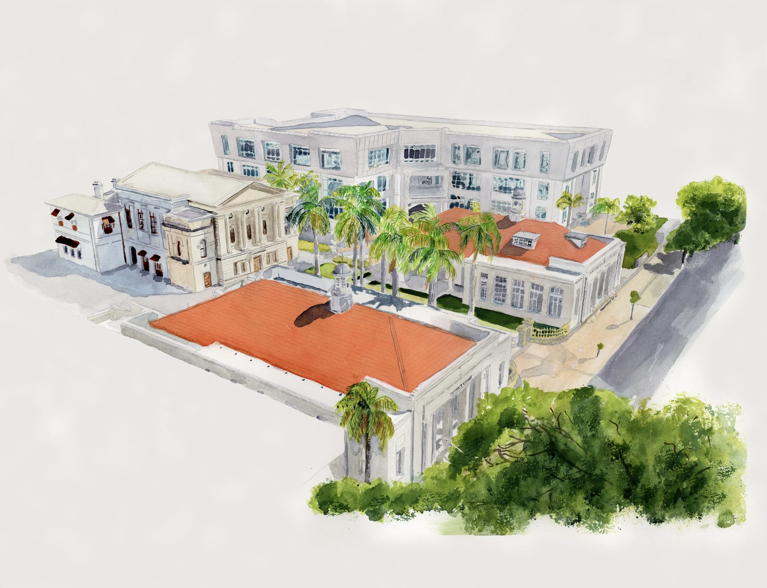 Watercolor illustration of a city block with historic and modern buildings, palm trees, and a sidewalk.