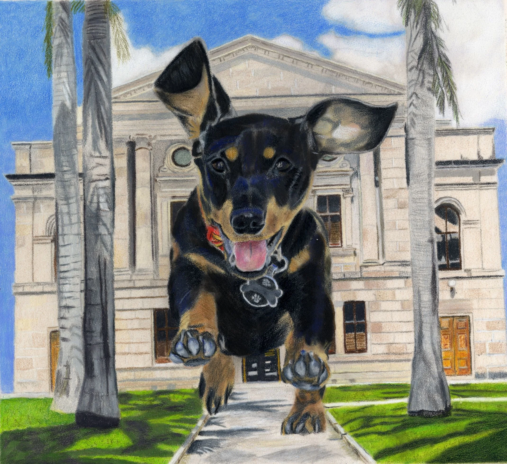 Painting of a small black and tan dog jumping in front of a historic building with palm trees on either side, blue sky with some clouds in the background.