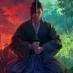 Man sitting in a forest holding a sword, with trees and colorful foliage win the background.
