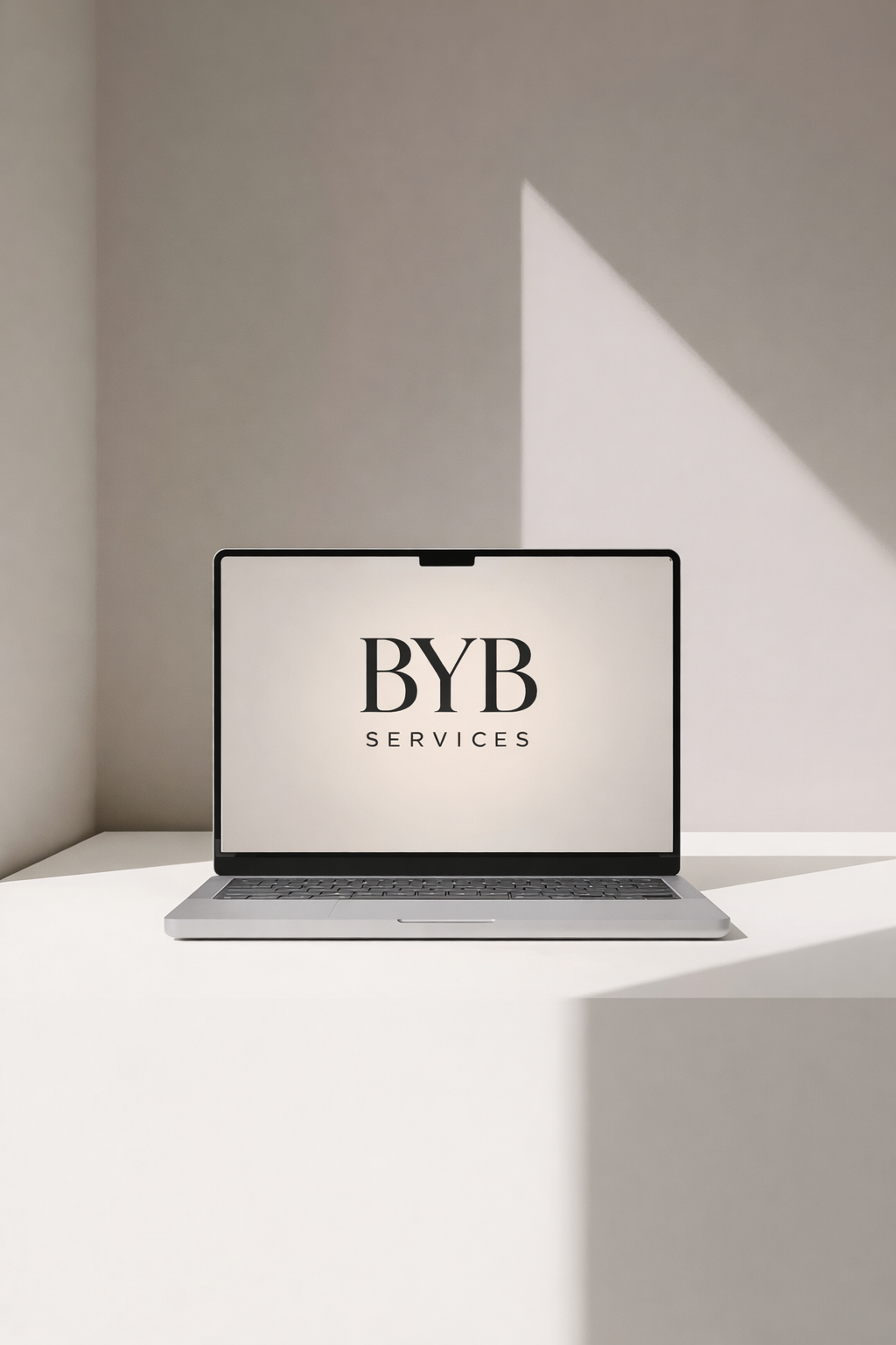 Laptop on a white table displaying the logo for BYB SERVICES.