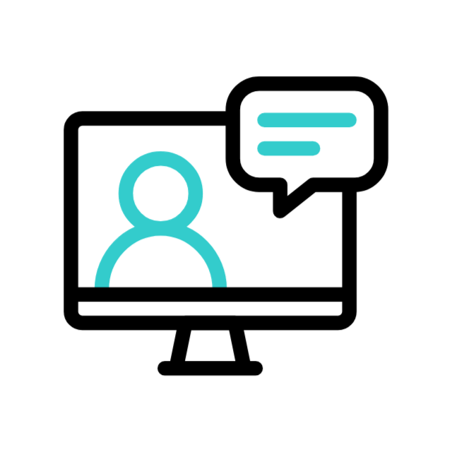 Computer monitor with a user icon and a speech bubble indicating online communication or virtual meeting.