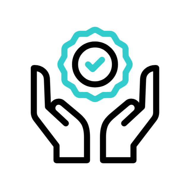 Two hands holding a badge with a checkmark in the center, symbolizing protection or trust.