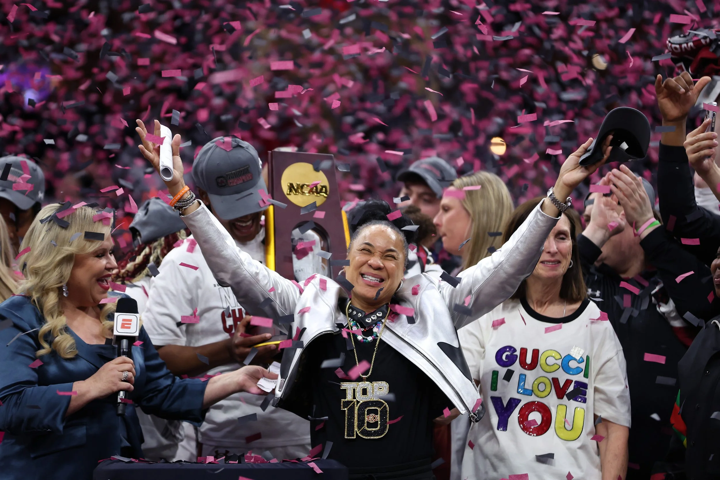 Brand placement! Made sure to put our "SC Top 10" chain on Dawn right before her speech after winning the natty. Now our brand is a part of this iconic photo. 