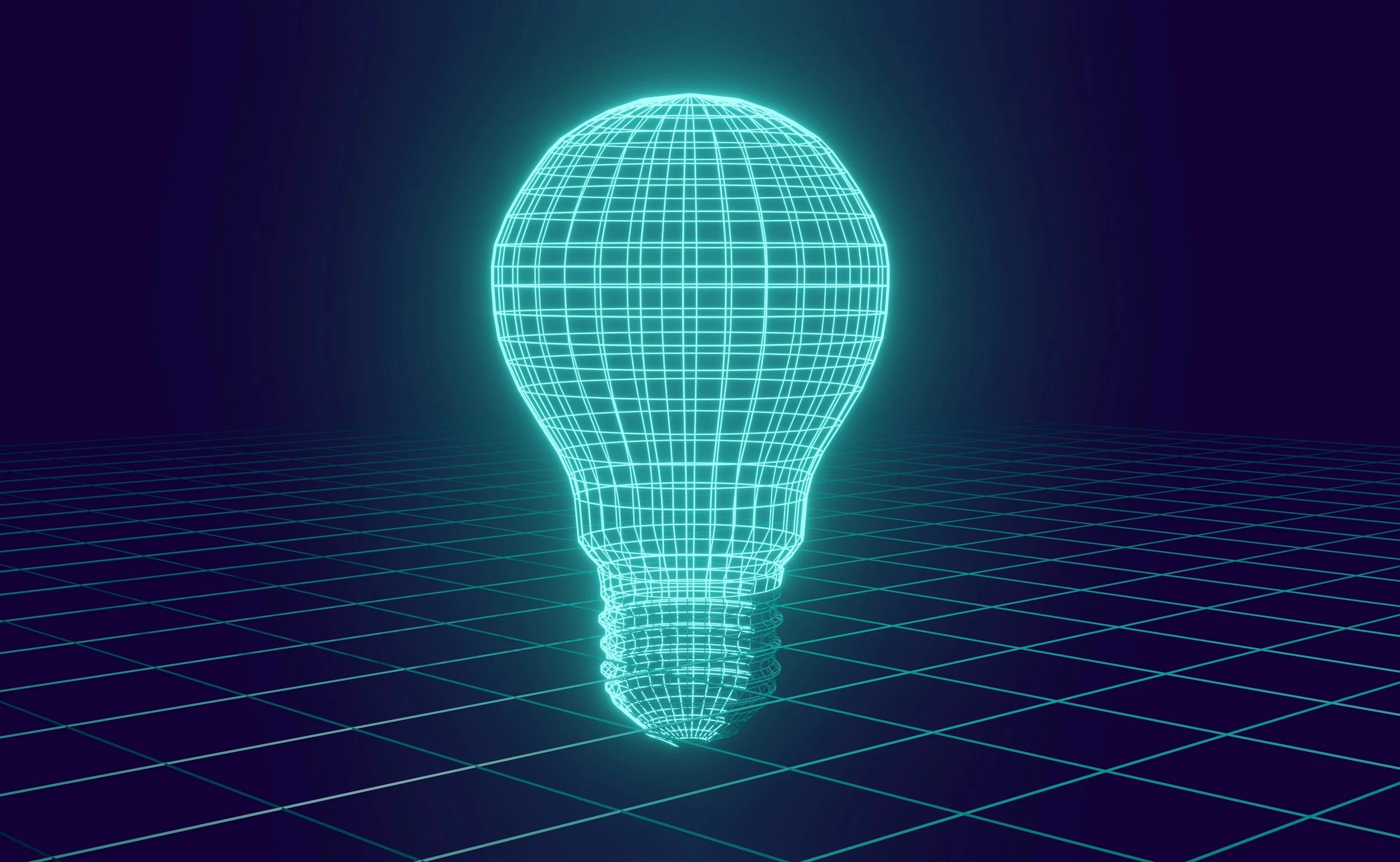 Digital wireframe of a glowing lightbulb on a grid with a starry background.