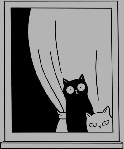 Illustration of two cats looking out a window with curtains, one is black and one is light-colored.