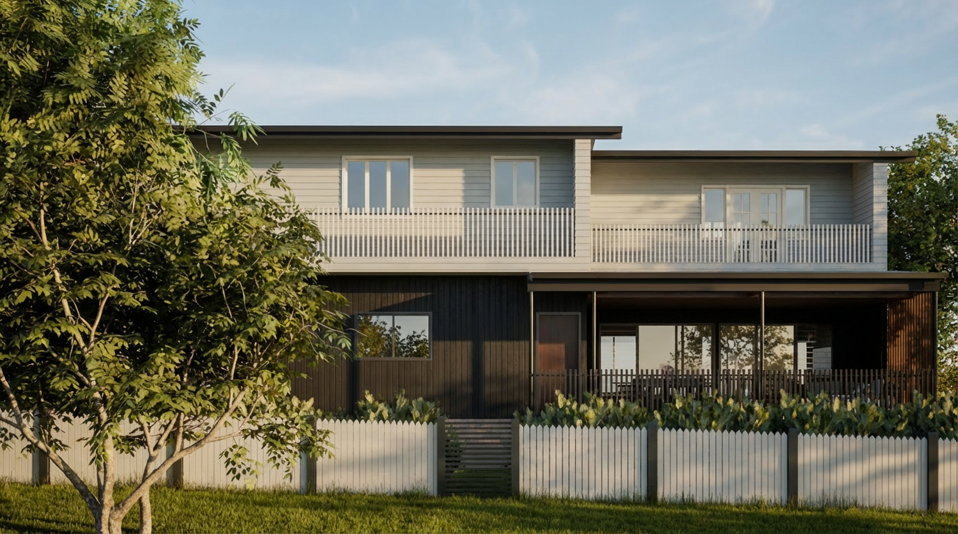 Modern two-story house with white and black exterior, a front yard with a tree, and a white picket fence.