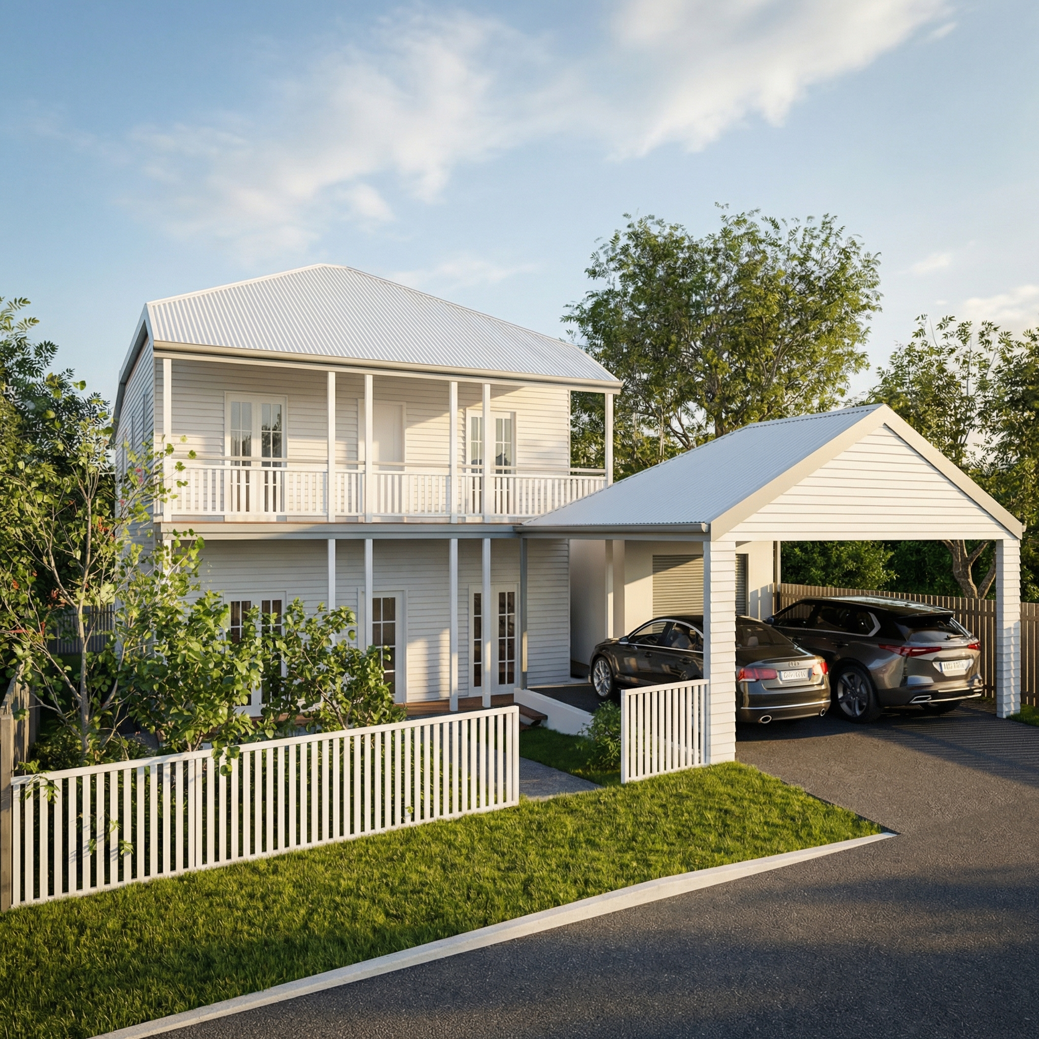 Two-story house with white siding and a metal roof, a carport with two cars parked underneath, surrounded by a white fence, with green grass and trees in the background and a partly cloudy sky.