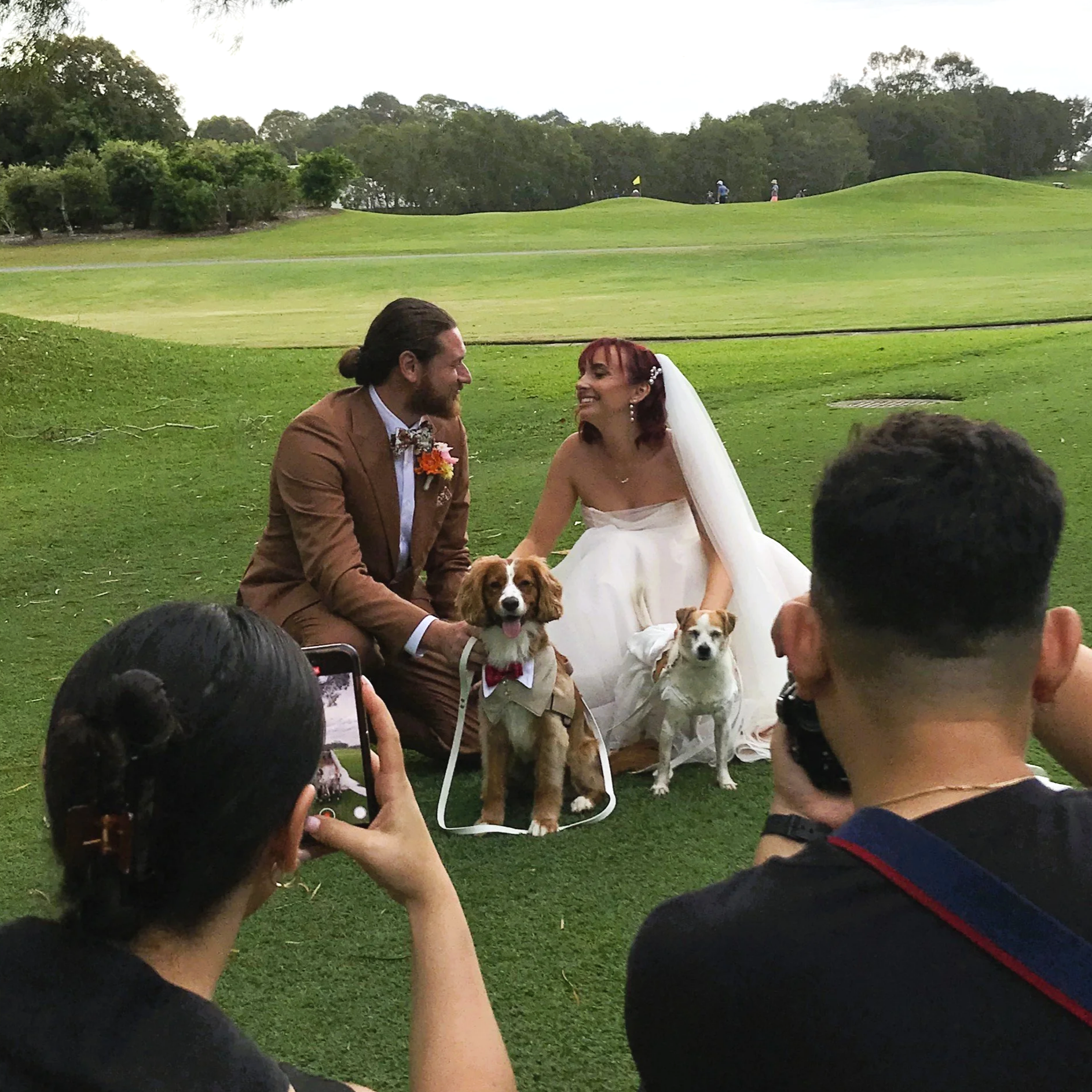 Photo shooting with wedding couple and their dogs