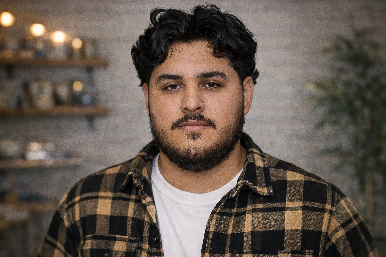 A young man with dark, curly hair and a beard, wearing a black and beige plaid shirt over a white T-shirt, looking directly at the camera with a neutral expression, in an indoor setting with a blurred background.