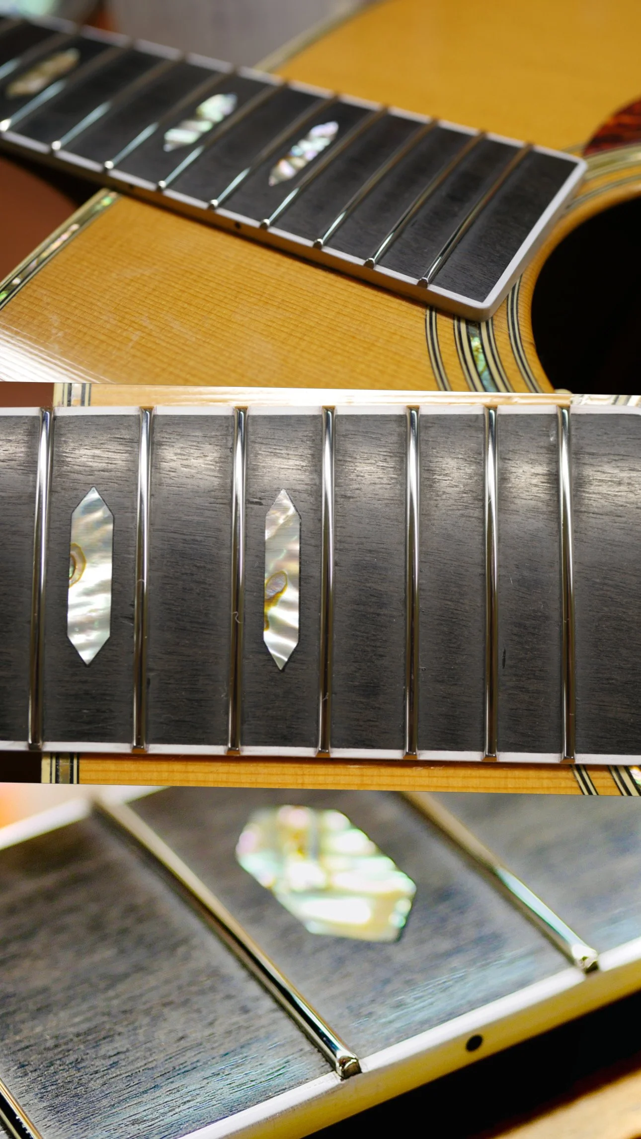 This is a Stainless Steel Refret i did on Country Singer, Braxton Keiths Martin D-41.
Fretwire is .090 x .055" Stainless Steel radiused to 16" over this Bound Ebony fretboard