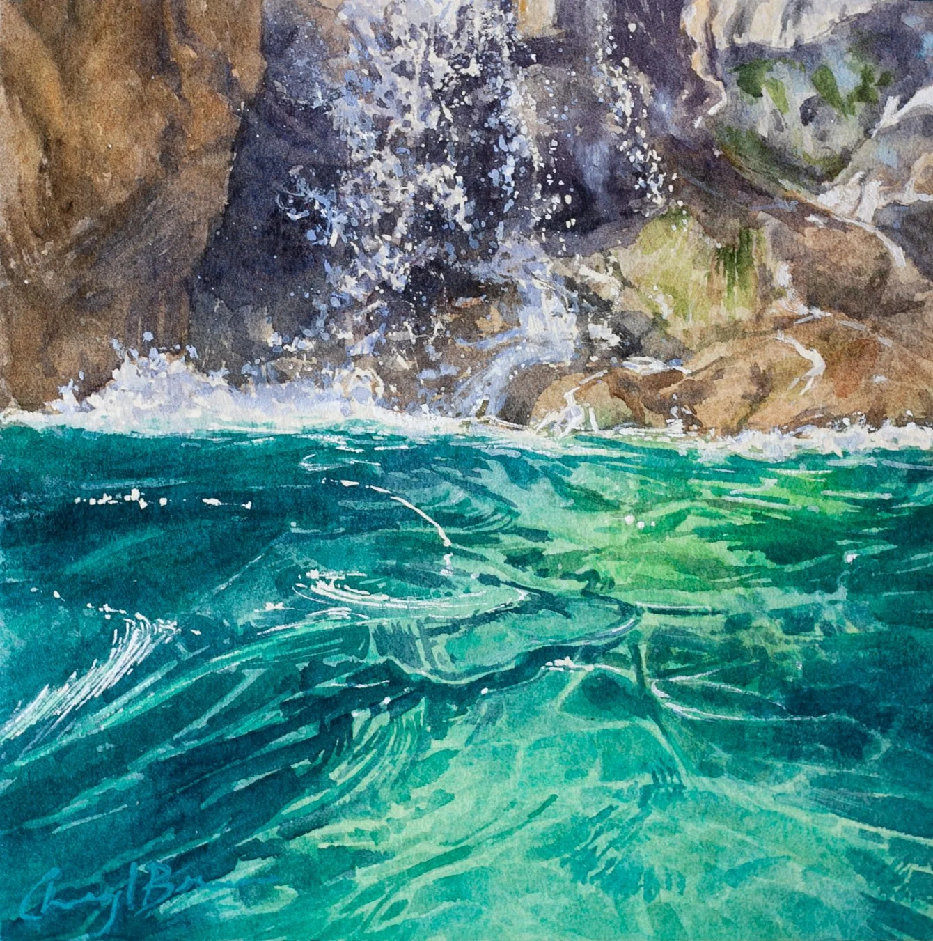 Cheryl Bruce Where the Water Sings 3 - Watercolour 23 x 23cm.jpg